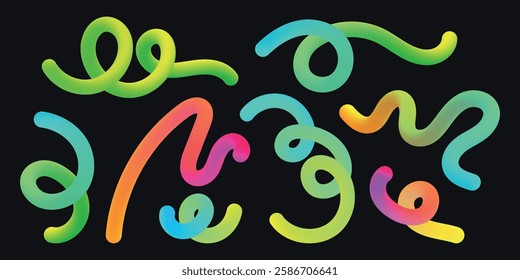 Abstract squiggly lines. Gradient geometric shape. Colorful swirl elements of rainbow palette. Design with wave spiral. Graphic fluid spiral pattern. Childish vector illustration.