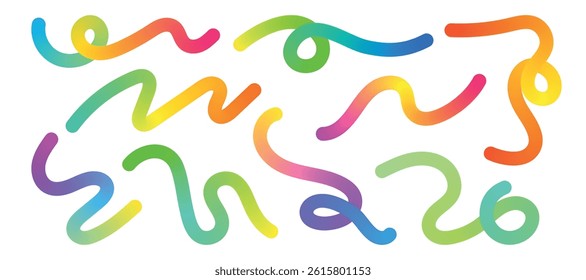 Abstract squiggly lines. Gradient geometric shape. Colorful swirl elements of rainbow palette. Design with wave spiral. Graphic Fluid spiral pattern. Childish vector illustration.