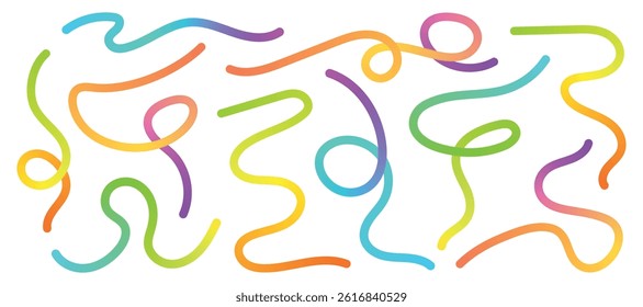 Abstract squiggly lines. Gradient geometric shape. Design with wave spiral. Colorful swirl elements of rainbow palette. Graphic Fluid spiral pattern. Childish vector illustration.