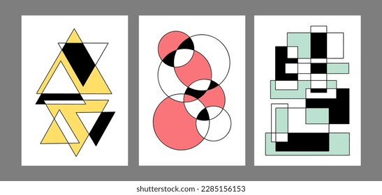 Abstract squiggly modern background with continuous lines. Set circle, triangle, rectangle