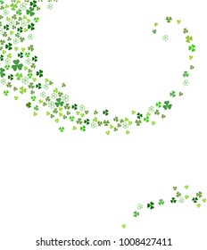 Abstract St. Patrick's day background for your greeting cards or party poster design. Swirl stream from clover shamrock leaves isolated on white background.  Vector illustration
