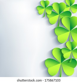 Abstract St. Patrick's day background with green cut paper 3d leaf clover. Trendy stylish gray background. St. Patrick day card. Vector illustration 