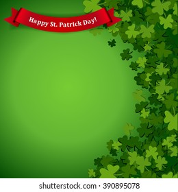 Abstract St. Patrick's Day background with falling clover leaves and banner, vector illustration