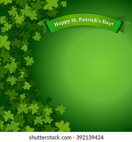 Abstract St. Patrick's Day background with falling clover leaves and banner, vector illustration