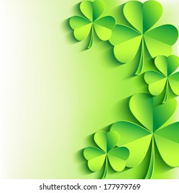 Abstract St. Patrick's day card with cut paper 3d leaf clover. Stylish Patricks day background with green clover leaves. Trendy bright floral background. Vector illustration 