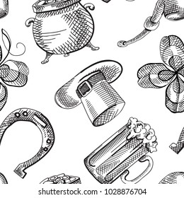 Abstract St Patricks Day seamless pattern with sketch traditional symbols and elements on white background vector illustration