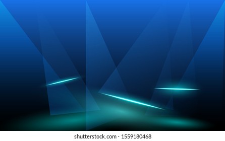 Abstract Stage lighting triangle overlay and Glow light effect on dark blue background.