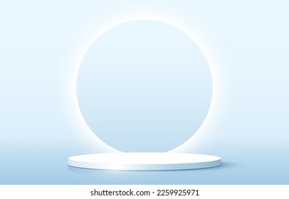 Abstract stage podium decorated with glowing neon circle lighting. Realistic rendering pedestal on blue background. Product display podium with reflection of light. Futuristic design. 3d vector