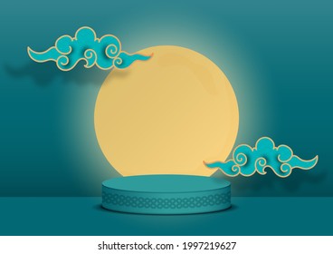 Abstract stage podium decorated with moon and clouds Chinese pattern. Pedestal scene with for product, advertising, show, on sene green background. Vector illustration.