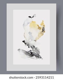 Abstract stain in style of modern art and surrealism on wall art. Watercolor print. Artwork with abstract composition and dark or bright aesthetic spots, in frame with decor for poster