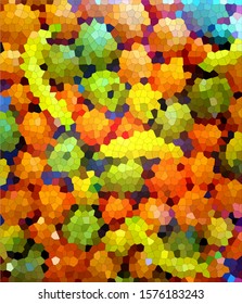 Abstract stained glass background, colored elements of round and triangular shapes of multicolored figures
