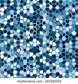 Abstract stained glass window geometric warped hexagon shapes ornament vector illustration. Seamless pattern. Sea blue gradient mosaic tracery texture background.