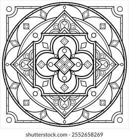 Abstract Stained Glass Window. Medieval Mosaic Tile Pattern. Vector Ornamental Mandala for Coloring Book