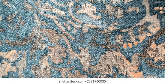 
Abstract stains blue and gold texture of non-woven wallpaper. Modern rich abstraction with gold luxury cover. Vintage ornament with sea gold, jacquard. Interior design, wallpaper, upholstery, carpet.