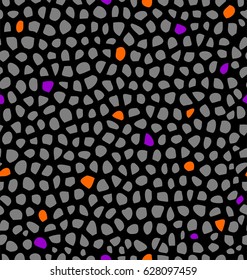 Abstract stains texture in orange, purple and gray colors a seamless pattern on a black background.