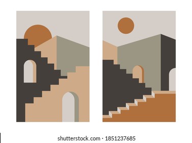 Abstract Stair Poster Set. Mid Century Architecture Boho Art Print, Wall Decor, Contemporary Social Media Stories, Covers. Vector Illustration.