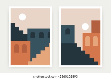 Abstrakter Treppenplakat. Einfache geometrische Gebäude, zeitgenössische Kunstdrucke für Wanddekor. Minimale Vektorgrafik