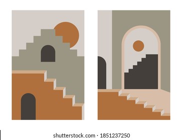 Abstract stair posters. Mid century architecture boho art print, wall decor, contemporary social media stories, covers. Vector illustration.