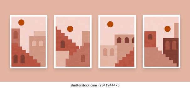 Abstract stair posters. Minimal architecture boho covers, mid century geometric simple art print for wall decor. Vector set