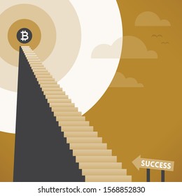 Abstract staircase to business success with shining bitcoin symbol on the top. Concepts: high bitcoin exchange rate, price and cost, investment, profitability electronic crypto currency investment etc