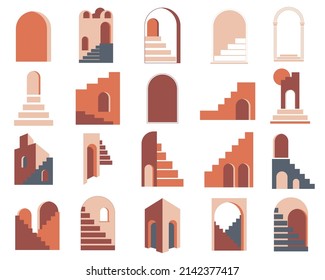 Abstract stairs elements set. Old city minimalist boho print. Abstract cards with elements of Moroccan architecture. Contemporary aesthetic illustration with geometric cityscape, stairs, vases.