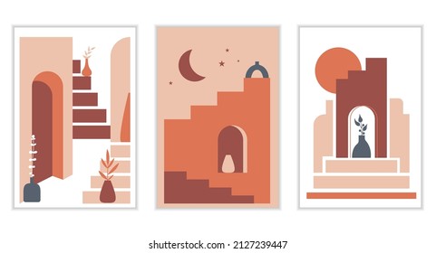 Abstract stairs poster set. Old city minimalist boho print. Abstract cards with elements of Moroccan architecture. Contemporary aesthetic illustration with geometric cityscape, stairs, vases.