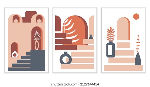 Abstract Stairs Poster Set. Old City Minimalist Boho Print. Abstract Cards With Elements Of Moroccan Architecture. Contemporary Aesthetic Illustration With Geometric Cityscape, Stairs, Vases.