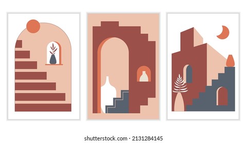 Abstract stairs poster set. Old city minimalist boho print. Abstract cards with elements of Moroccan architecture. Contemporary aesthetic illustration with geometric cityscape, stairs, vases.