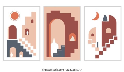 Abstract stairs poster set. Old city minimalist boho print. Abstract cards with elements of Moroccan architecture. Contemporary aesthetic illustration with geometric cityscape, stairs, vases.