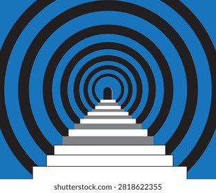 Abstract Stairway to Circular Tunnel with Blue and Black Concentric Rings, Optical Illusion Background