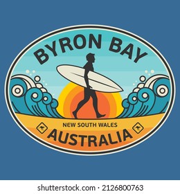 Sello abstracto o emblema con el nombre de Byron Bay, Australia, ilustración vectorial