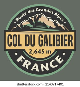 Sello o emblema abstracto con el nombre del paso de montaña Col du Galibier, Francia, ilustración vectorial