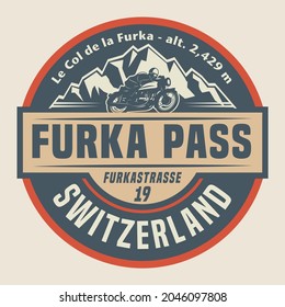 Abstrakte Stempel oder Emblem mit dem Namen Furka Pass, Schweiz, Vektorgrafik