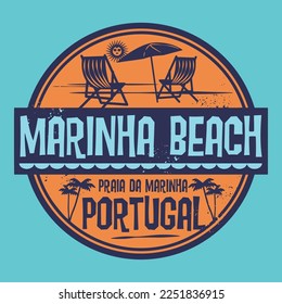 Abstract stamp or emblem with the name of Marinha Beach, Portugal, vector illustration