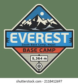 Sello abstracto o emblema con el nombre del Monte Everest, Base Camp, ilustración vectorial