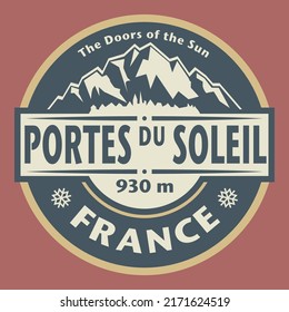 Sello o emblema abstracto con el nombre de Portes du Soleil, Francia, ilustración vectorial