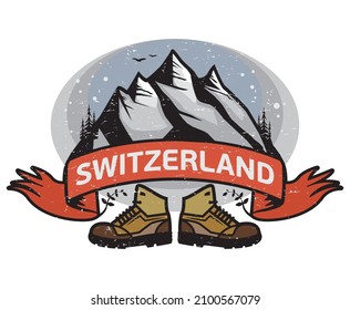 Sello abstracto o emblema con el nombre de Suiza, ilustración vectorial