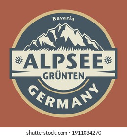 Sello o emblema abstracto con el nombre del pueblo Alpsee Grünten, Baviera, Alemania, ilustración vectorial