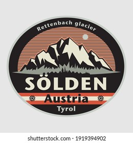 Sello o emblema abstracto con el nombre de la ciudad de Solden, Austria, ilustración vectorial