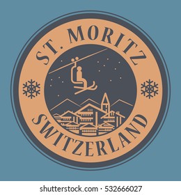 Abstract stamp or emblem with the name of town St. Moritz in Switzerland, ski resort, vector illustration