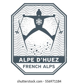 Abstract Stamp Or Emblem With The Name Of Town Alpe Dhuez In France, Vector Illustration.