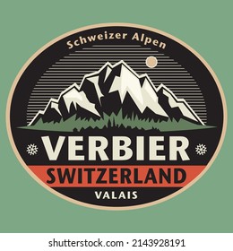 Abstract stamp or emblem with the name of Verbier, Switzerland, vector illustration