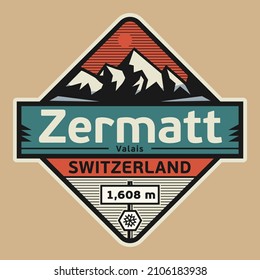 Abstrakter Stempel oder Emblem mit dem Namen Zermatt, Schweiz, Vektorgrafik