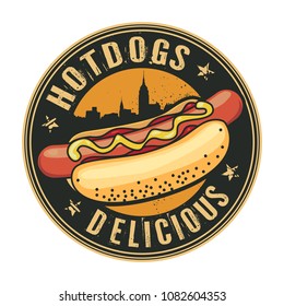 Abstract stamp or label with Hotdog and text Hotdogs, Delicious, inside, vector illustration