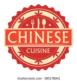 Abstract stamp or label with the text Chinese Cuisine written inside, traditional vintage food label, with spoon, fork, knife symbols, vector illustration