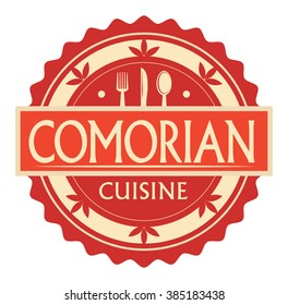 Abstract stamp or label with the text Comorian Cuisine written inside, traditional vintage food label, with spoon, fork, knife symbols, vector illustration