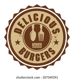 Abstract stamp or label with the text Delicious Burgers written inside, vector illustration