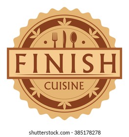 Abstract stamp or label with the text Finish Cuisine written inside, traditional vintage food label, with spoon, fork, knife symbols, vector illustration