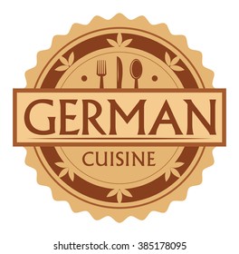 Abstract stamp or label with the text German Cuisine written inside, traditional vintage food label, with spoon, fork, knife symbols, vector illustration