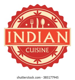 Abstract stamp or label with the text Indian Cuisine written inside, traditional vintage food label, with spoon, fork, knife symbols, vector illustration